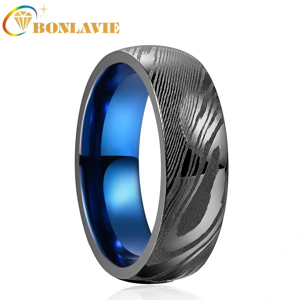 Кольца BONLAVIE 8 мм, серый дамасский стальной синий, внутреннее кольцо для мужчин, модные обручальные кольца, лучший подарок, размер 712