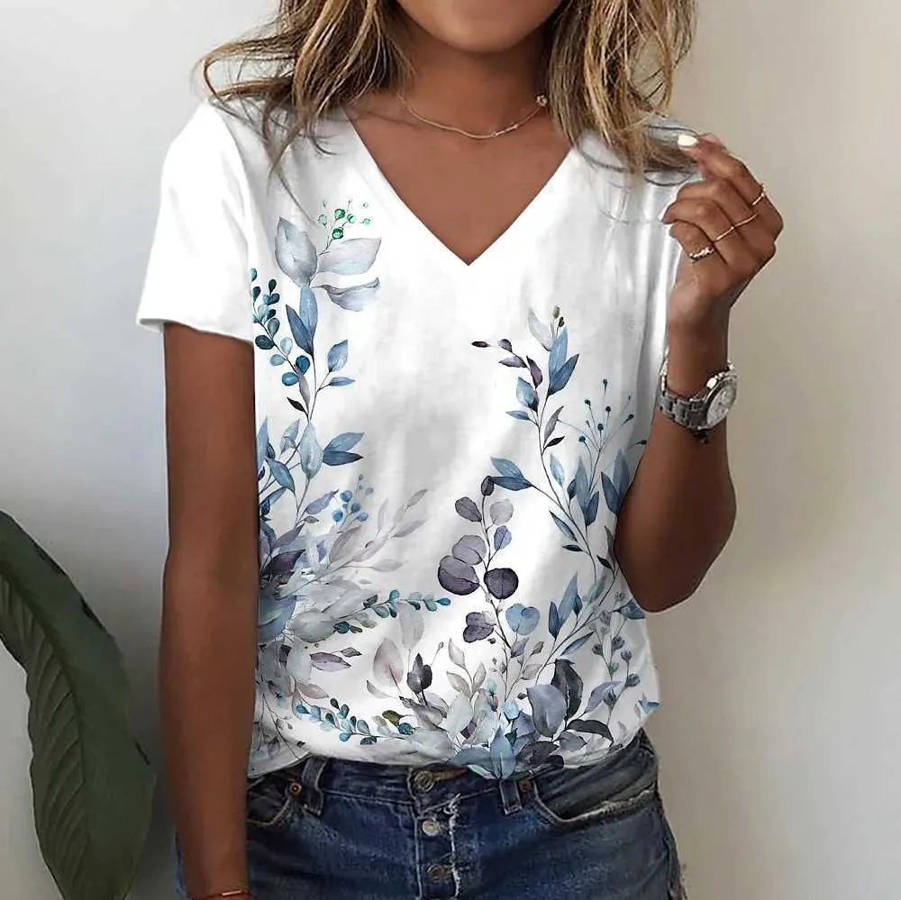 女性用Tシャツ夏の短袖Vネックルーズフィッティングホワイトファッショナブルな女性Tシャツ3D対称工場印刷トップカジュアルカジュアルP230523