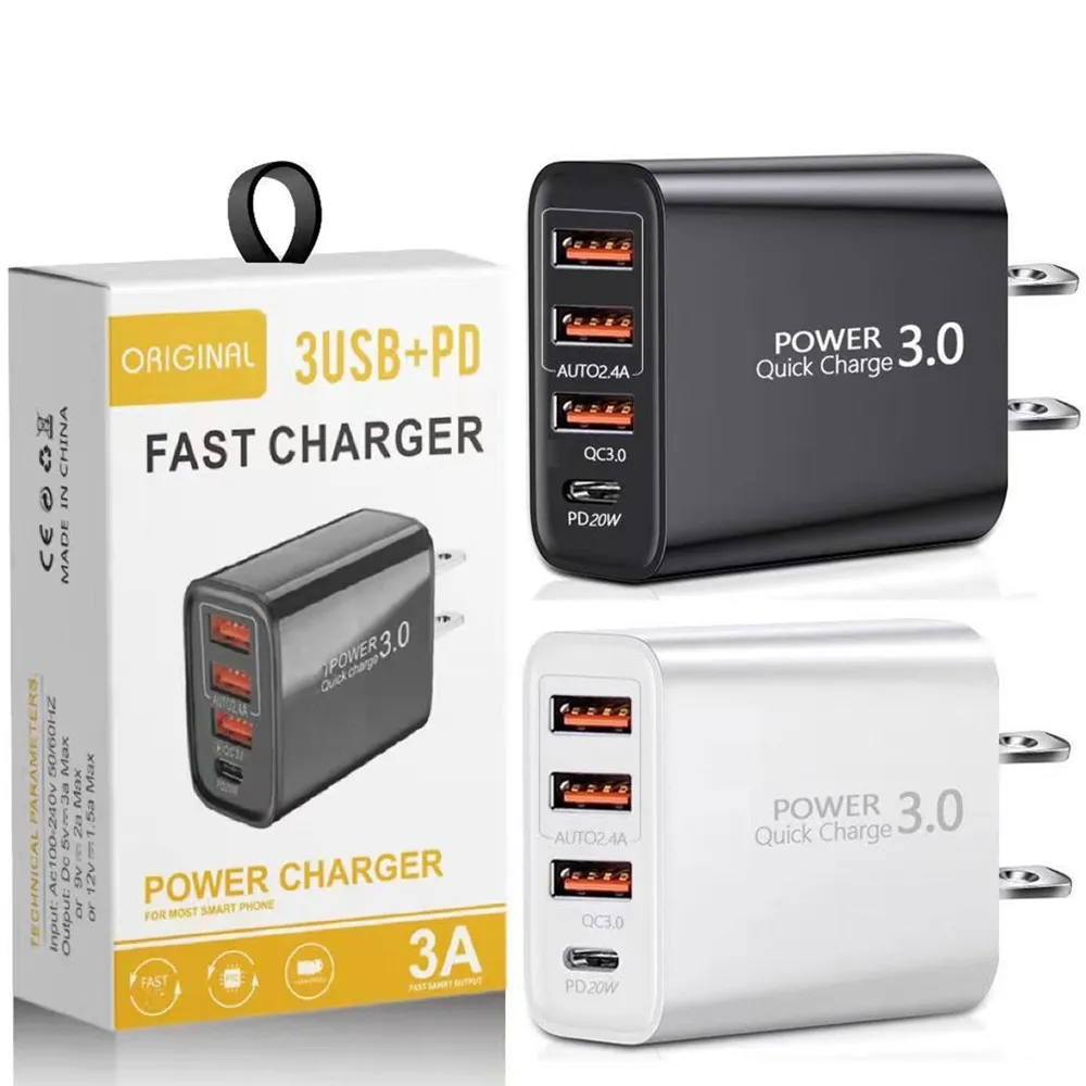 Höghastighet Snabbladdning PD USB C Wall Charger 4 Ports Typ C Power Adapter EU US Plugs för iPhone 12 13 14 15 Pro Max Samsung S22 S23 Huawei HTC LG med låda