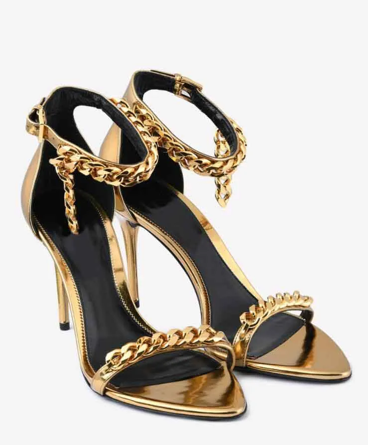 Buy Venusta Heel Sandal With Metal Chain In Gold Online | London Rag USA