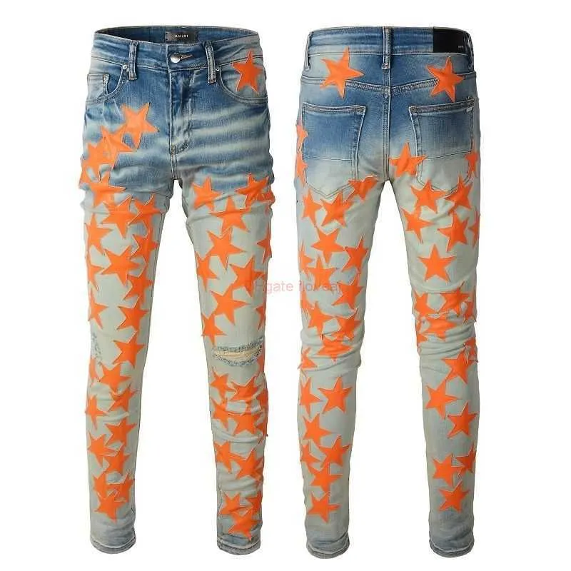 Designer Clothing Amires Jeans Denim Pants Amies High Street Fashion Brand  Fashion Black Knife Cut Hole Jeans Mens Star Leather Patch Slim Fit Pants 