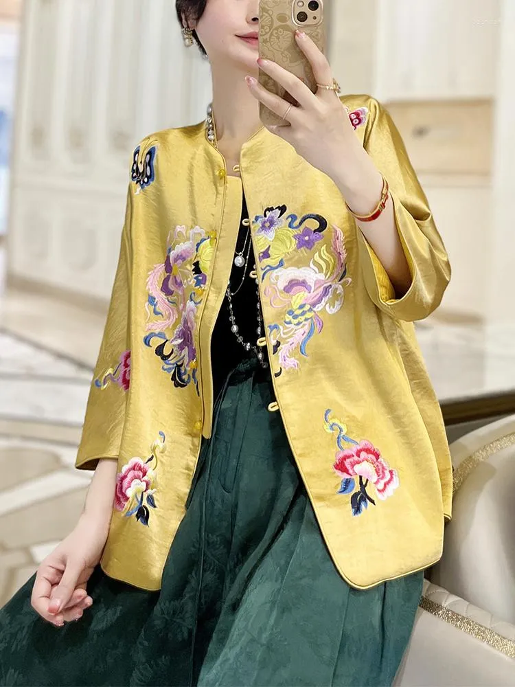 民族服2023到着ブティック刺繍サテン中国スタイルの女性ブルーセンジャケット