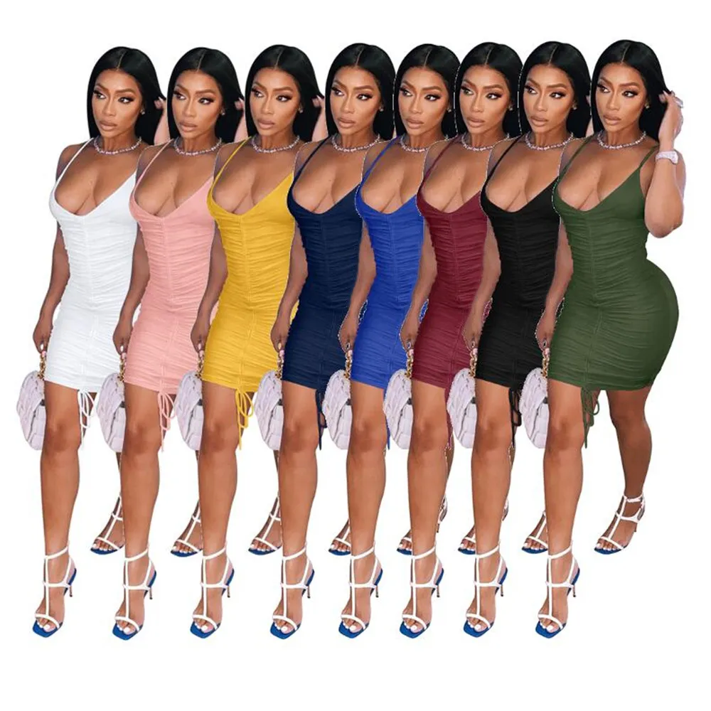 2023 Designer Sexy Summer Dresses Women Sleeveless Spaghetti Strap Bodycon Mini Dress Drapped Sheath Sundress Streetwear Bulk Wholesale Clothes 9887