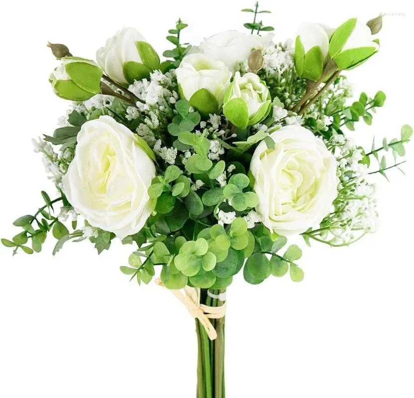Decorative Flowers 2 Bundles Artificial Silk Peony Roses Babys Breath Eucalyptus Leaves Wedding Bridal Bouquets For Table Centerpieces
