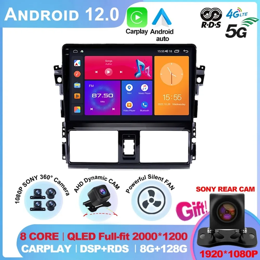 Android 12.0 For TOYOTA VIOS YARIS 2013 2014 2015 2016 Multimedia Video Player Car Radio GPS Navigation NO DVD 2 Din Carplay DVD-3