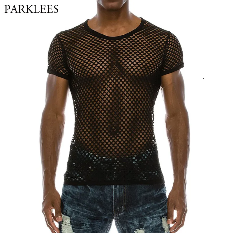 Camisetas masculinas malha de malha masculina transpare a camiseta de fishnet moda de manga curta sexy undershirt boatclue wear shirt executar tops de streetwear 230522