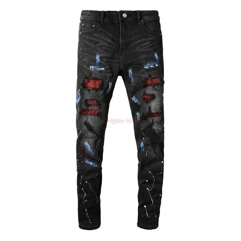 디자이너 의류 Amires Jeans 데님 팬츠 8616 레드 다이아몬드 Amies Perforated Black Mens Fashion Jeans Speckle Ink Stretch Slim Trend Small Foot Versatile Pants Dist