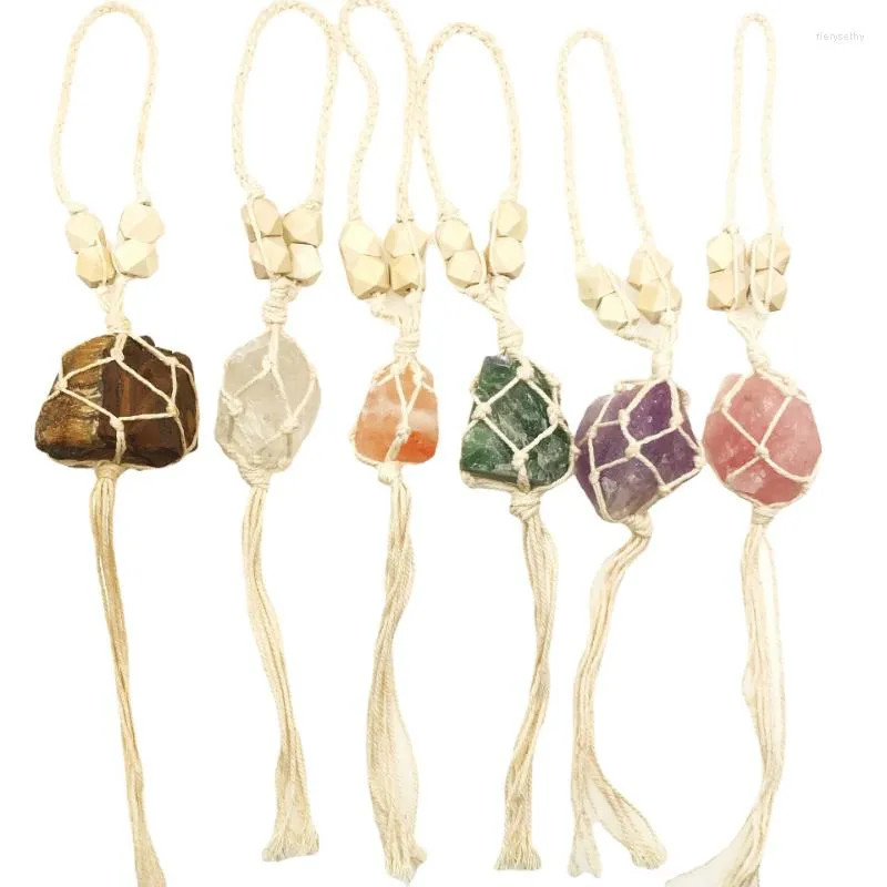 Keychains 10st Natural Raw Crystal flätat rep Net Pocket PAG Pendant Keychain Decorativetassels Lobster Clip CLASP POCOTHER