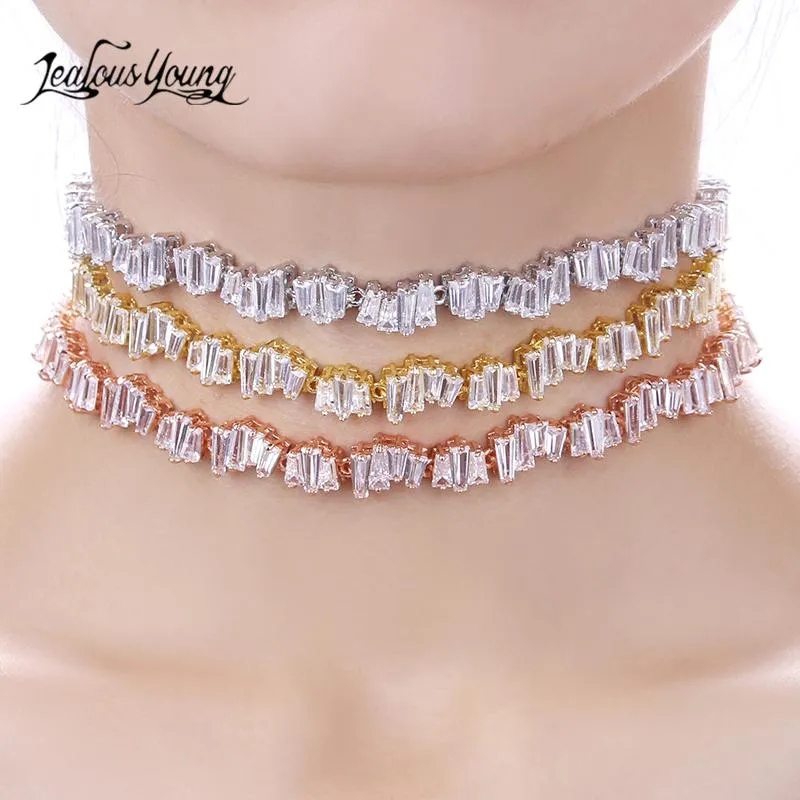 Halsband mode aaa zirconia choker halsband tunn oregelbunden array choker ros guld färg halsband kvinnor collier colar an010