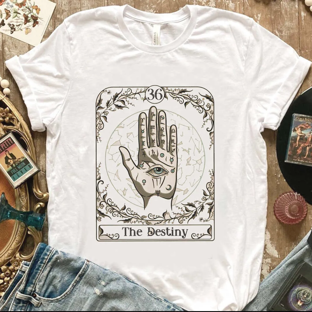 T-shirt de camiseta feminina Destiny Tarot Tarot Tarot Tshirt vintage estética confortável colorir camisa fortuna contador de t-shirt de palmeira anúncios misteriosos meliorra p230523