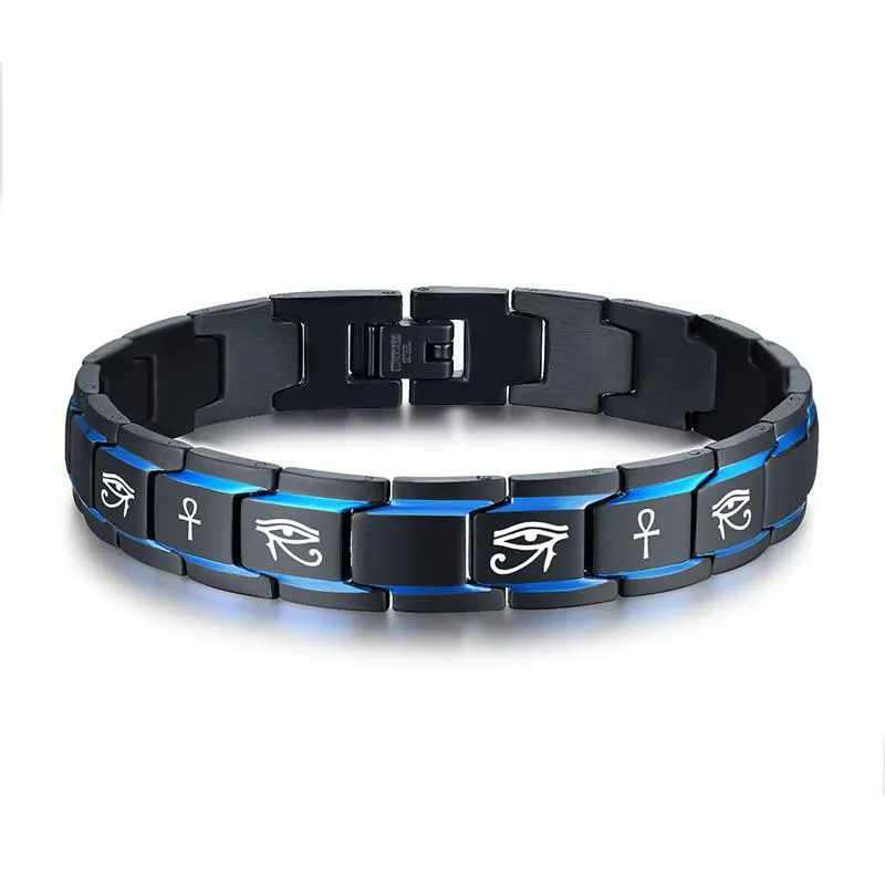 Armreif für Herren, graviertes Auge des Horus, Anka-Kreuz, Uhrenarmband mit blauer Linie, Edelstahl-Armreif, Schmuck