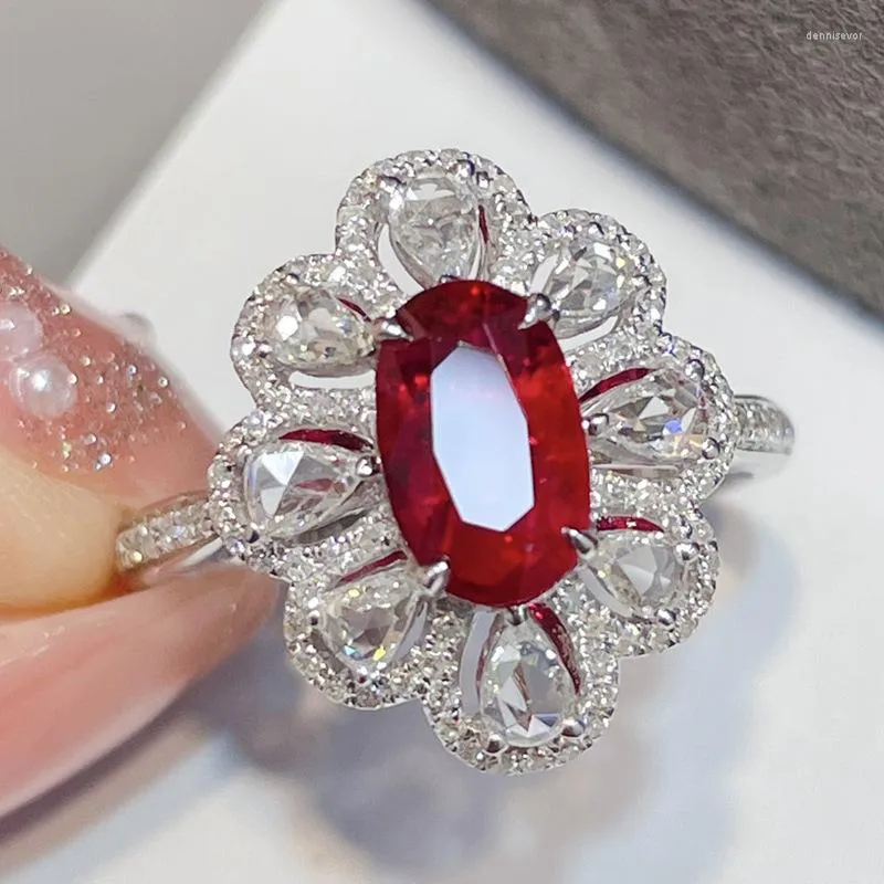 Cluster Rings Fashion Drop Pendant Pear-shaped Zirconia Ring 925 Stamp High Quality Jewellery Imitation Natural Pigeon Blood Ruby Oval