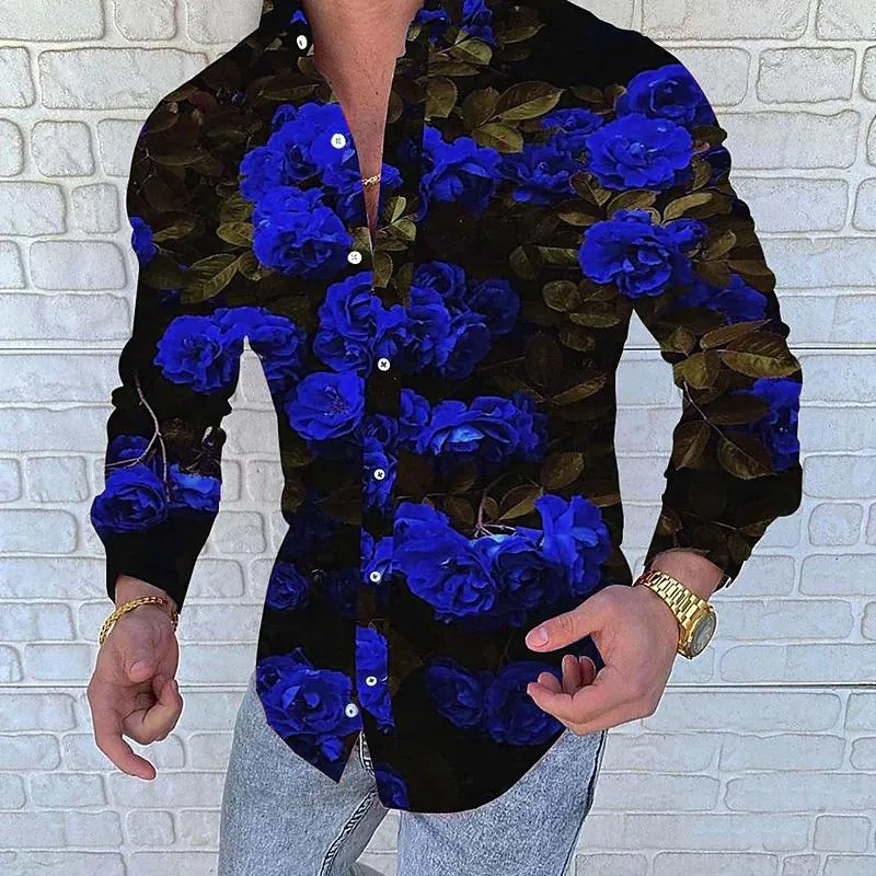 Men's Casual Shirts Men's Shirt Floral Pattern Blue Leprechaun Rose High Quality Printed Leaf Lapel Fashion Designer 2023 Style Top Tops