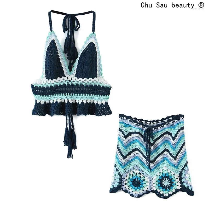 Serbatoi da donna 2023 Summer Vintage Beach Style Crochet Lace-Up Tassel Neck-Mounted Crop Top Canotta Gonna irregolare Suit Donna