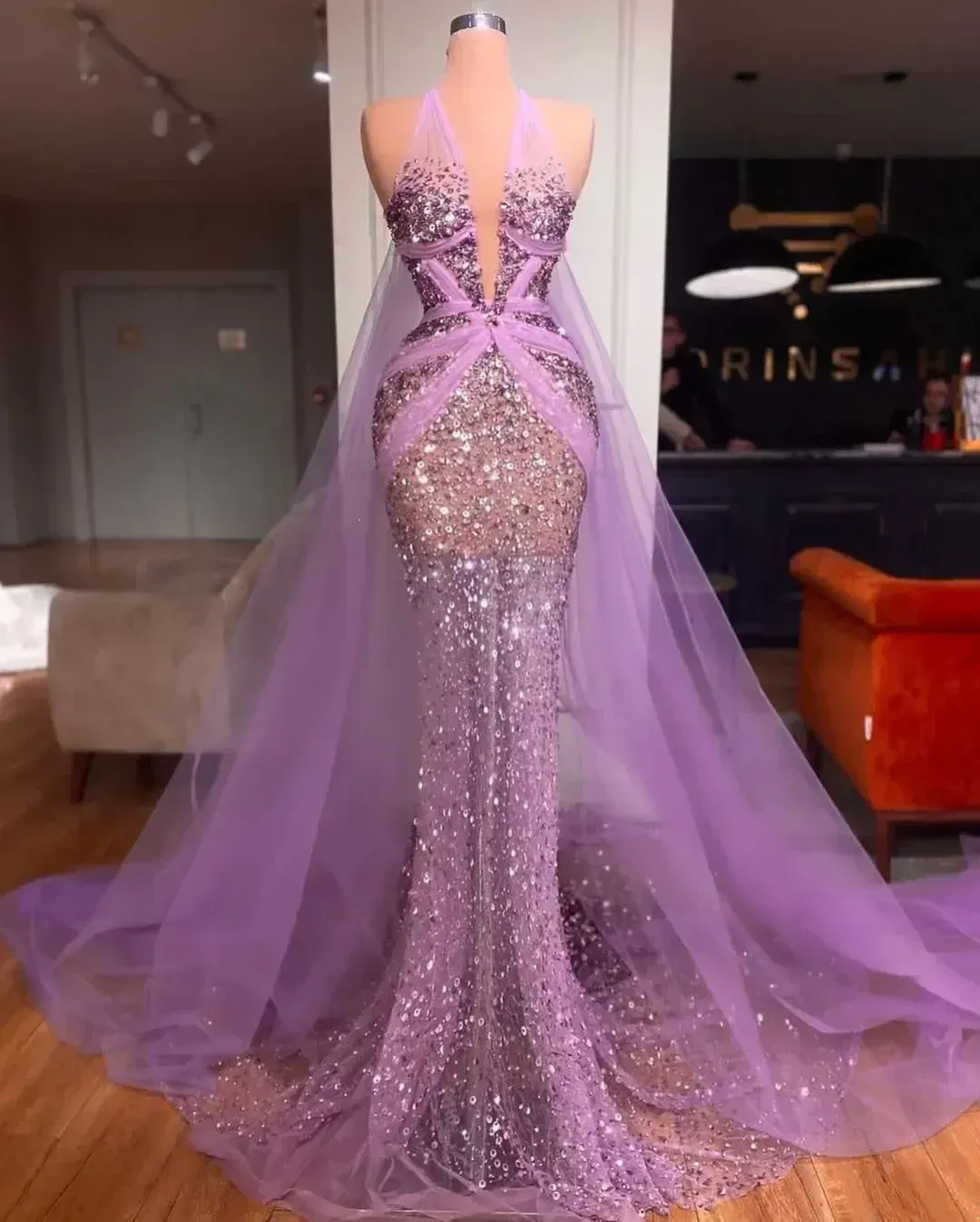 NEW Purple Mermaid Prom Sleeveless V Neck Lace Halter Appliques Hollow Sexy Shiny Sequins Beaded Floor Length Celebrity Evening Dresses Custom Made