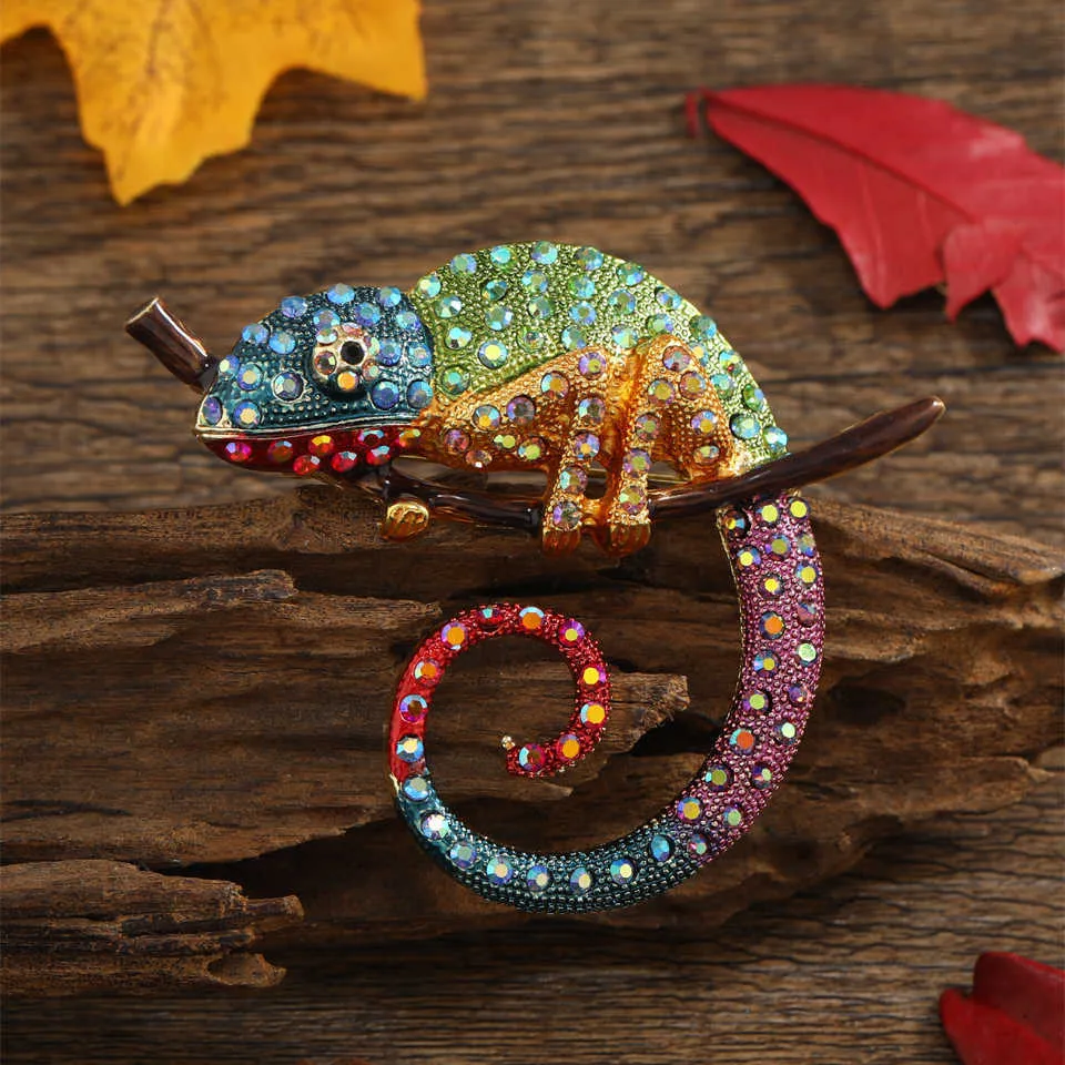 Broches Broches Morkopela grande broche caméléon premium animal émail broche strass mode vêtements accessoire bijoux broche bon cadeau G220523