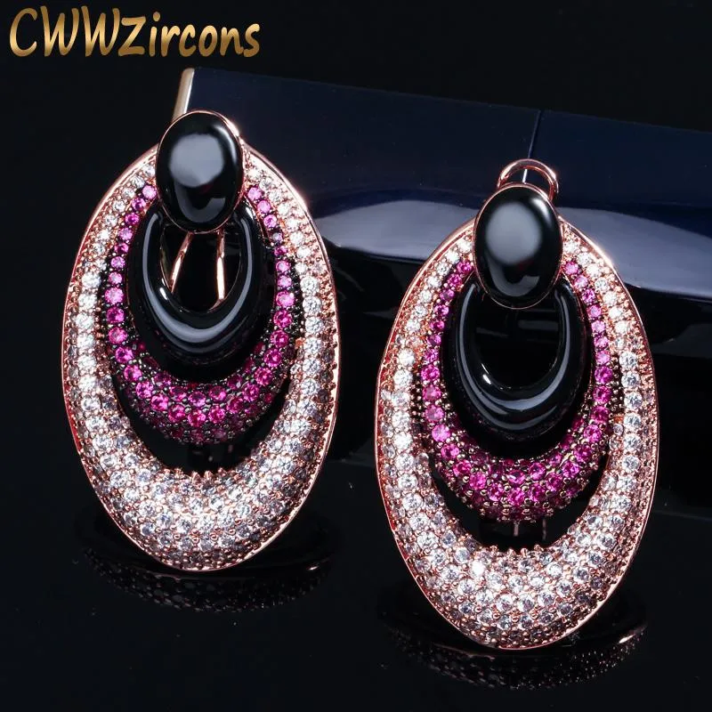 Huggie CWWZircons Luxury Brand Design Tiny Red Cubic Zirconia Pave Large Round Rose Gold Color Hoop Earrings Jewelry for Women CZ417