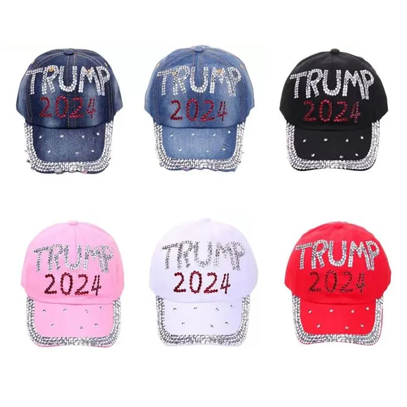 Top Caps 9 Styles 2024 Trump Elmas Beyzbol Kapağı Ayarlanabilir Denim Güneş Şapkası Spor Gündelik Pamuk Damlası Moda Aksesuarları H Dhgit