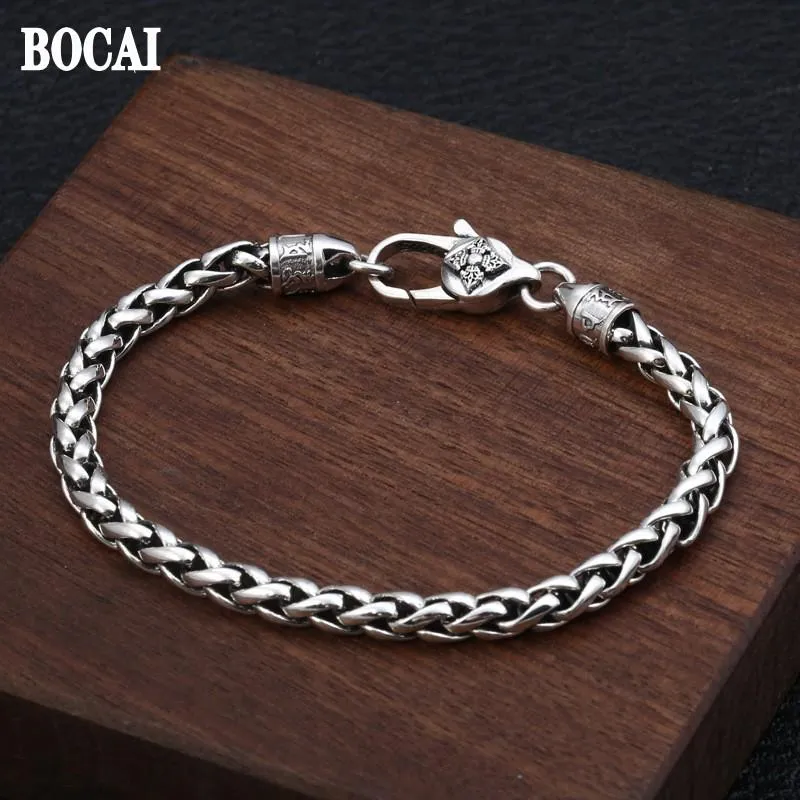 Bangle Bocai 5mm 100% Pure S925 Silver Fashion Trend Retro Vajra Sixcharacter Mantra Handwoven Hemp Rope Armband för män och kvinnor