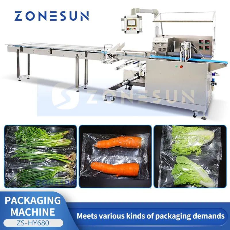 Máquina automática de envasado de flujo horizontal ZONESUN, envasado de productos frescos, verduras, conservación de la frescura de los alimentos, ZS-HY680