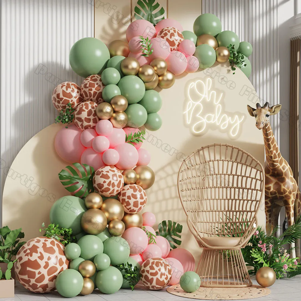 Other Event Party Supplies 116pcs Jungle Birthday Party Giraffe Printed Balloon Garland Wild One Baby Shower Decorations baby Pink Sage Green Balloon Arch 230523