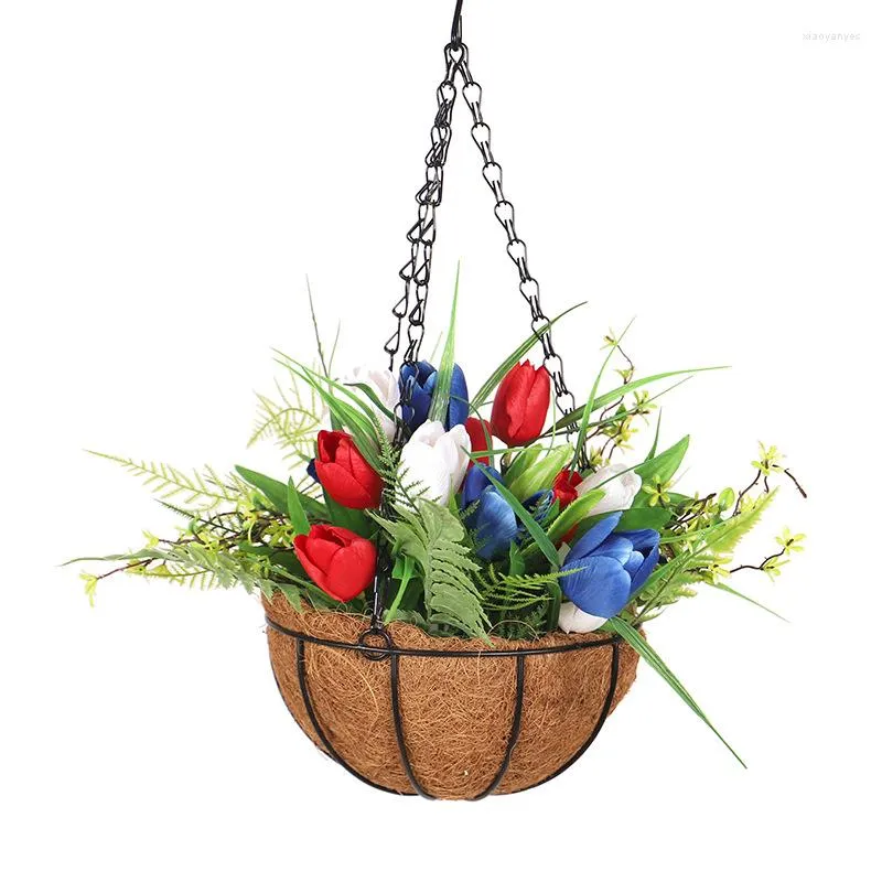 Symulacja kwiatów dekoracyjna Tulip wiszące koszyk dekoracja kokosowa palmowa zielona roślina Fake do dekorowania balkonowego ogrodu