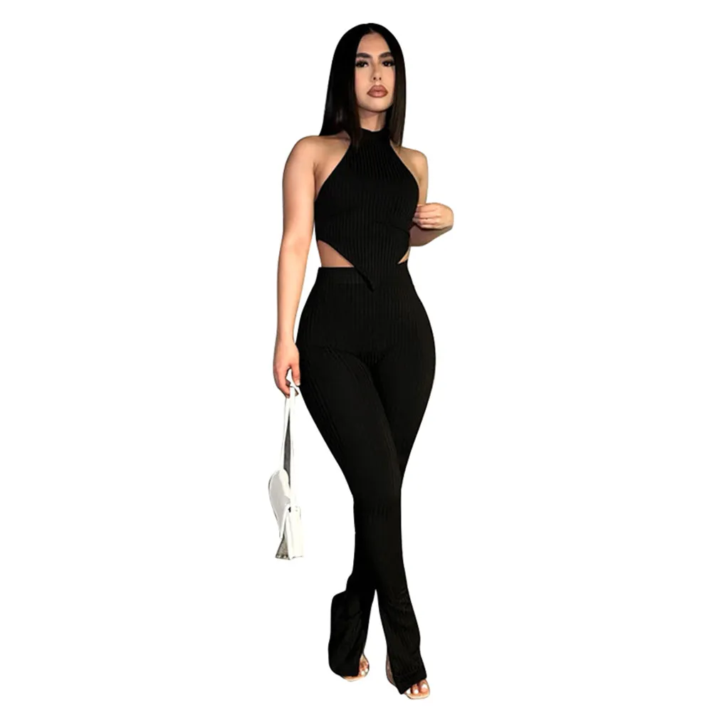 2023 Designer Survêtements D'été Deux Pièces Ensembles Femmes Sexy Halter Neck Dos Nu Top et Split Leggings Ensembles Assortis Casual Solide Tenues En Gros Sportswear 9886