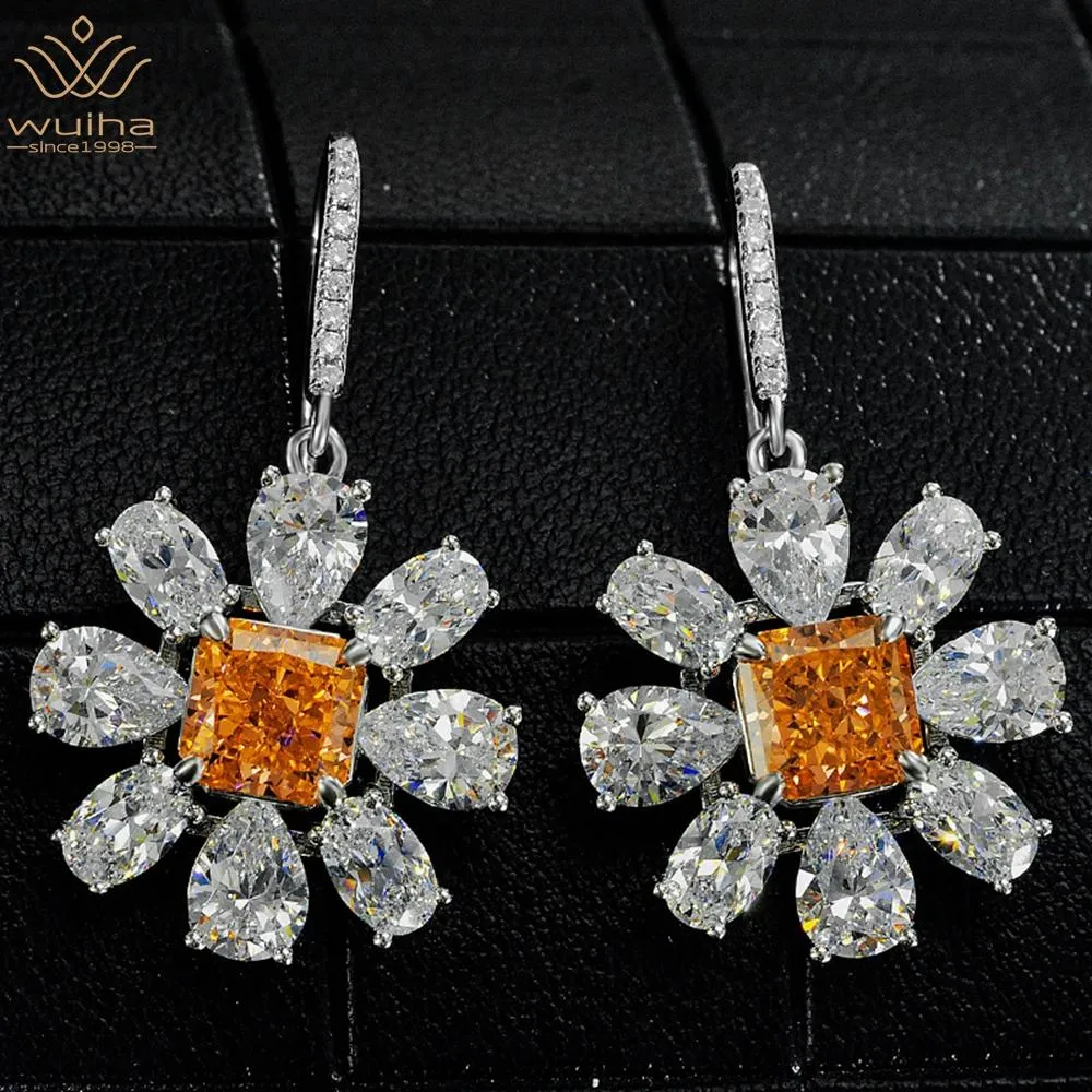 Brincos wuiha 925 prata esterlina esmagada gelo corte 2ct * 2 peças fantasia laranja safira criada moissanite diamante brincos para presente feminino