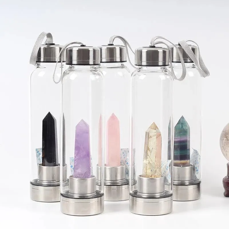 500 ml Natural Gemstone Glass Carafe Direct Drinking Crystal Stick Cup Glass Bottle With Rope