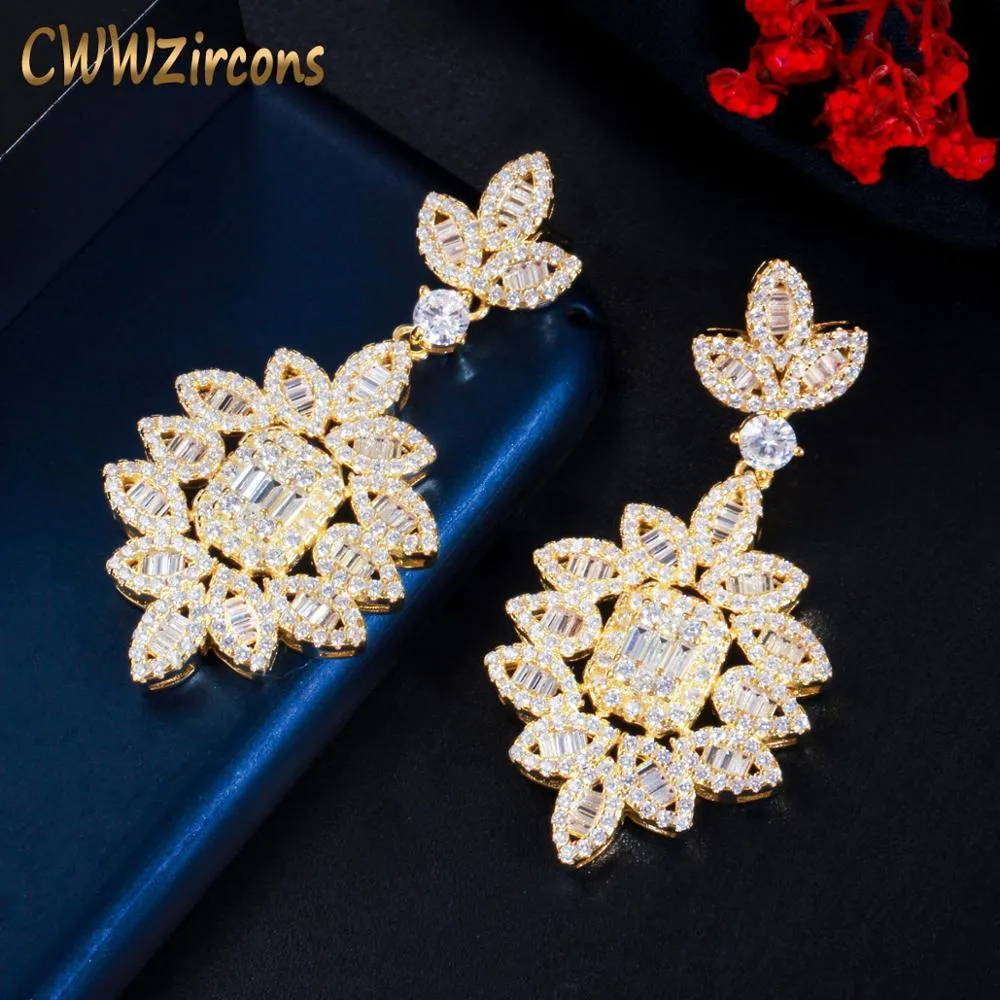 Earrings CWWZircons Cubic Zirconia Yellow Gold Color Large Long Dangle Drop Leaf Shape Wedding Earrings for Brides Luxury Jewelry CZ804