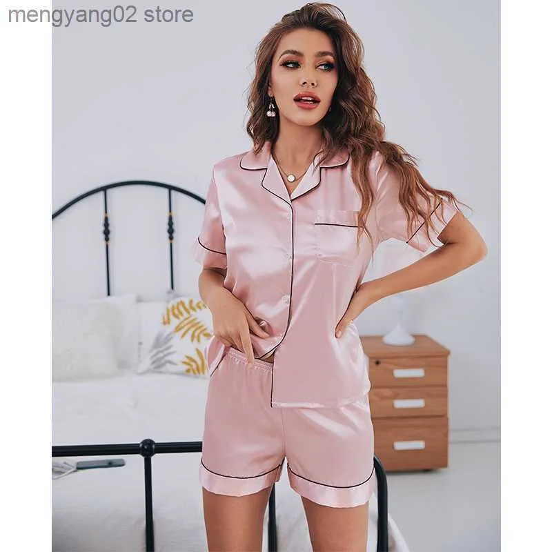 Damen-Nachtwäsche, Satin-Pyjama, Damen-Kurzarm-Nachtwäsche, weiche Seide, Button-Down-Loungewear, Pyjama-Shorts-Set, S-XXL, T230523