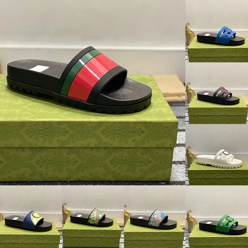 Designer Slippers For Men Sandals Flat Gear Bottom Rubber Slides Green Red Striped Tiger Bee claquette homme Fashion Luxury Ladies Dad Summer 2G Beach Shoes