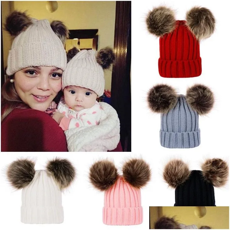 Beanie/Schädelkappen Gestrickte Wollmütze Beanie Adts und Kinder Doppelkugelhut Elternkind Winter Warme Hüte Drop Lieferung Mode Acces Dhtnh