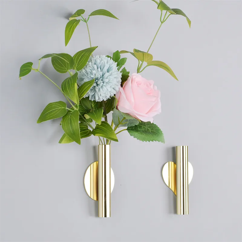 Vases 1Pcs Creative Wall Hanging Vase Golden Stainless Steel Wall Holder Flowerpot Home Decoration for Livingroom Wall Mirror Vase 230522