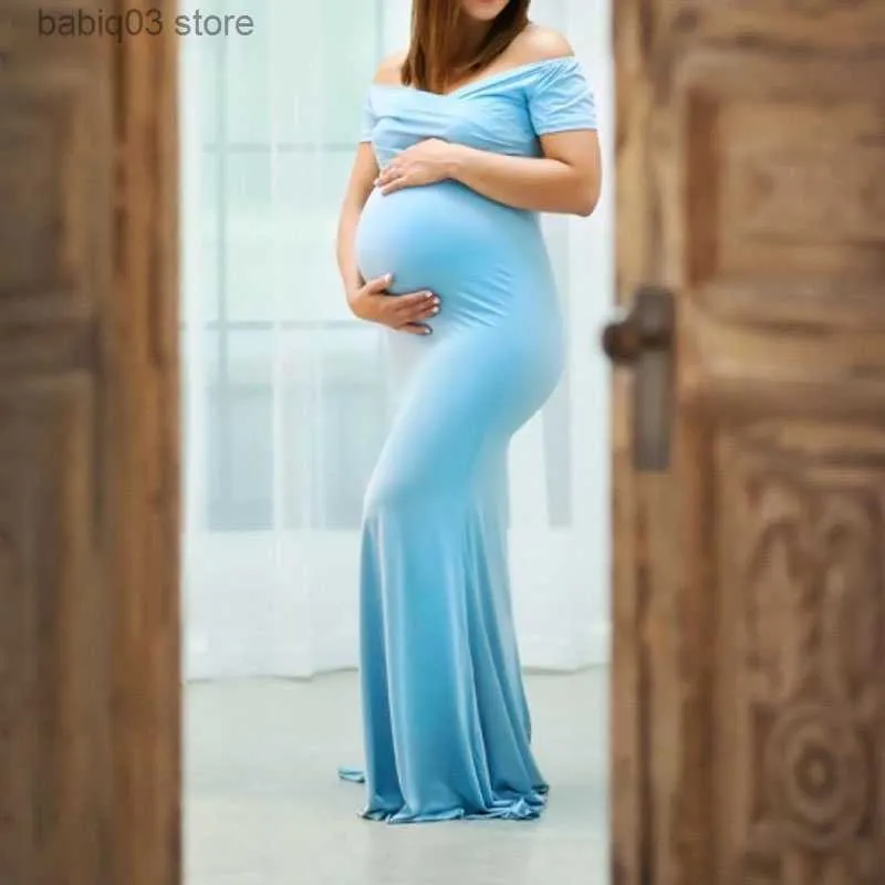 Maternity Dresses Elegence Shoulderless Maternity Shoot Dress Cotton Maxi Gown Baby Shower Dresses Photography Clothes For Pregnant Women T230523