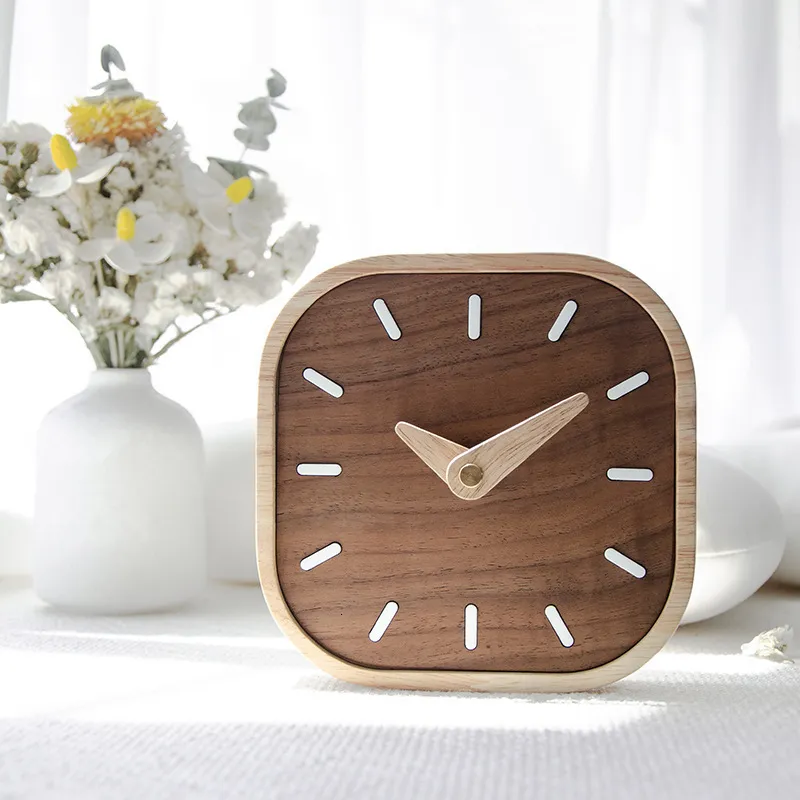 Desk Table Clocks Nordic Black Walnut Minimalist Desk Clock Wall Clock Bedroom Living Room Decoration Solid Wood Quiet Clocks Hanging Wall Watch 230523