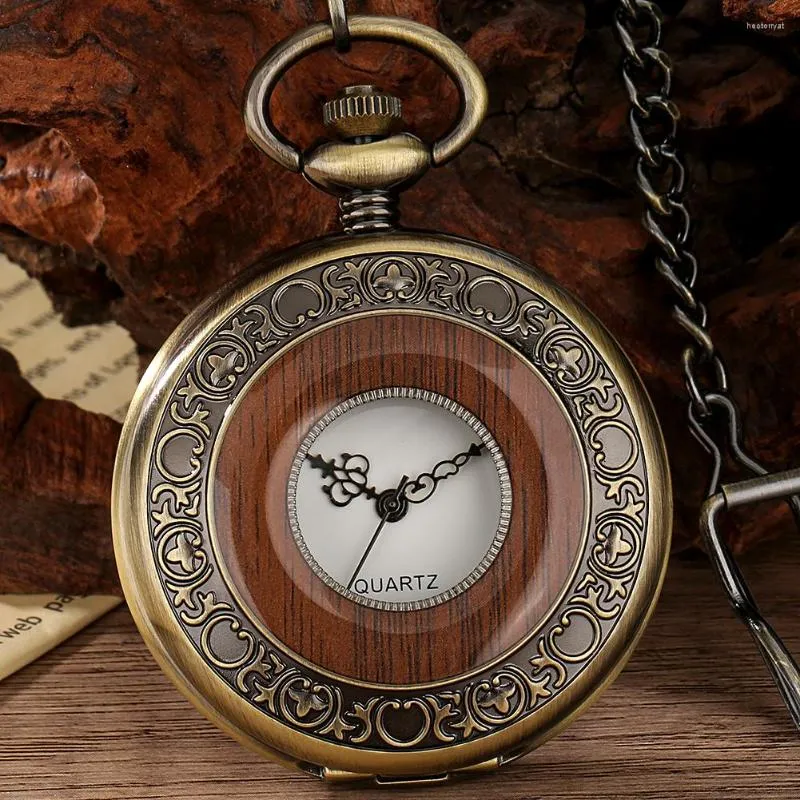 Pocket Watches Vintage Red Wood Dekorerad halvbrons kvartsklocka Fob Chain Pendant Clock Timepiece Gift Män