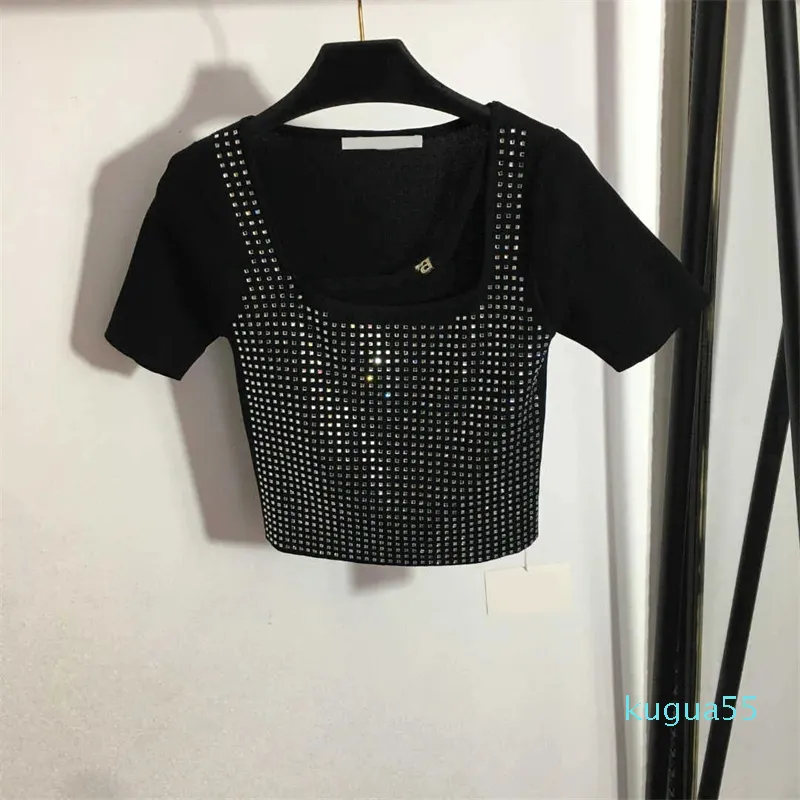 2023-Designer Brand Women Sticked Short Sleeve Sparkly Hot Drill Square Collar Kortärmad tröja Top High Quality Womens kläder