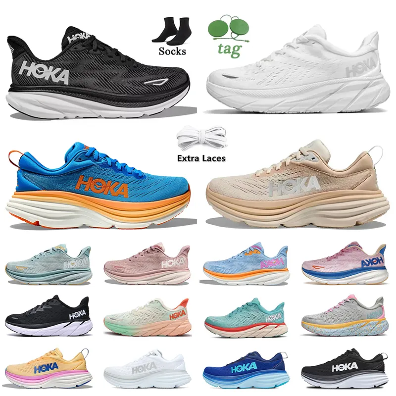 Hoka One Clifton 8 9 Hokas Koşu Ayakkabıları Bondi 8 Beyaz Siyah Kıyı Gökyüzü Canlı Turuncu Virgi Kum Havadar Karbon X 2 Spor Ayakkabıları Kadın Erkekler Açık Mekan Jogging Eğitmenler