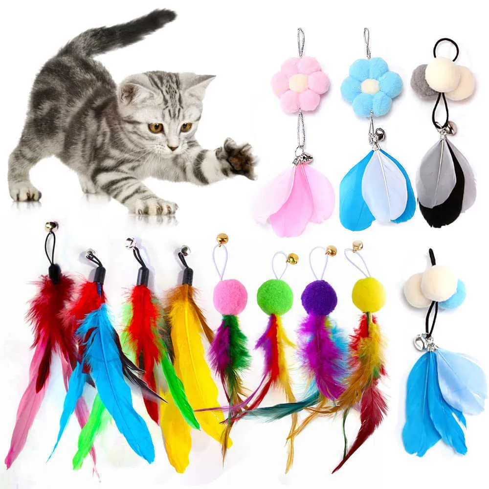 Toys 10st Cat Cat Wand Toy Refills Cat Feather Toys Accessories For Cat Fishing Pole Assorted Teaser Refills With Bell för inomhuskitten G230520