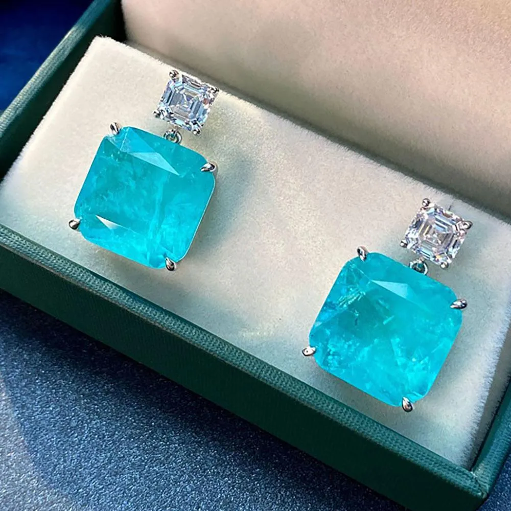 イヤリングknriquen Sparkling Paraiba Tourmaline Gemstone Drop Earrings 100％Sterling Silver High Carbon Diamond Fine Fine Jewelry for Women
