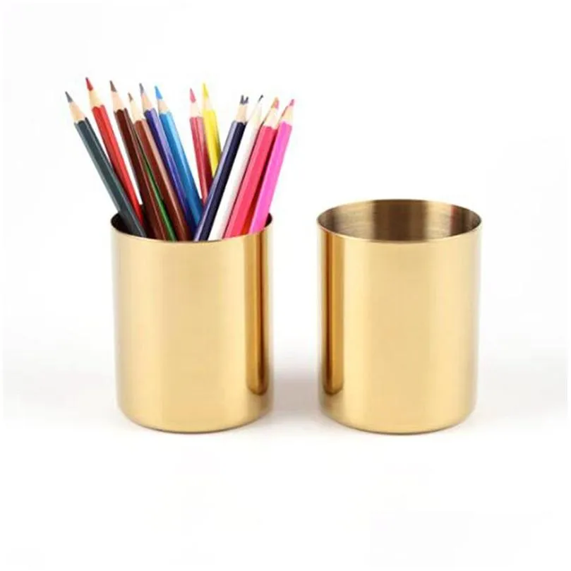 Annan heminredning Metal Pen Holder Creative Round Flower Arrangement Golden Vase Desktop Decoration Ornament Office Storage Cups Dro Dh9kg