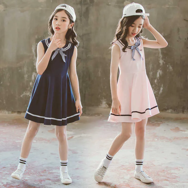 Girl's Dresses Summer Korean Short Sleeve Bow Children's Solid Color Costume Vesido Girls Youth Dress 4 8 12 13 14 16 Years Old G220523