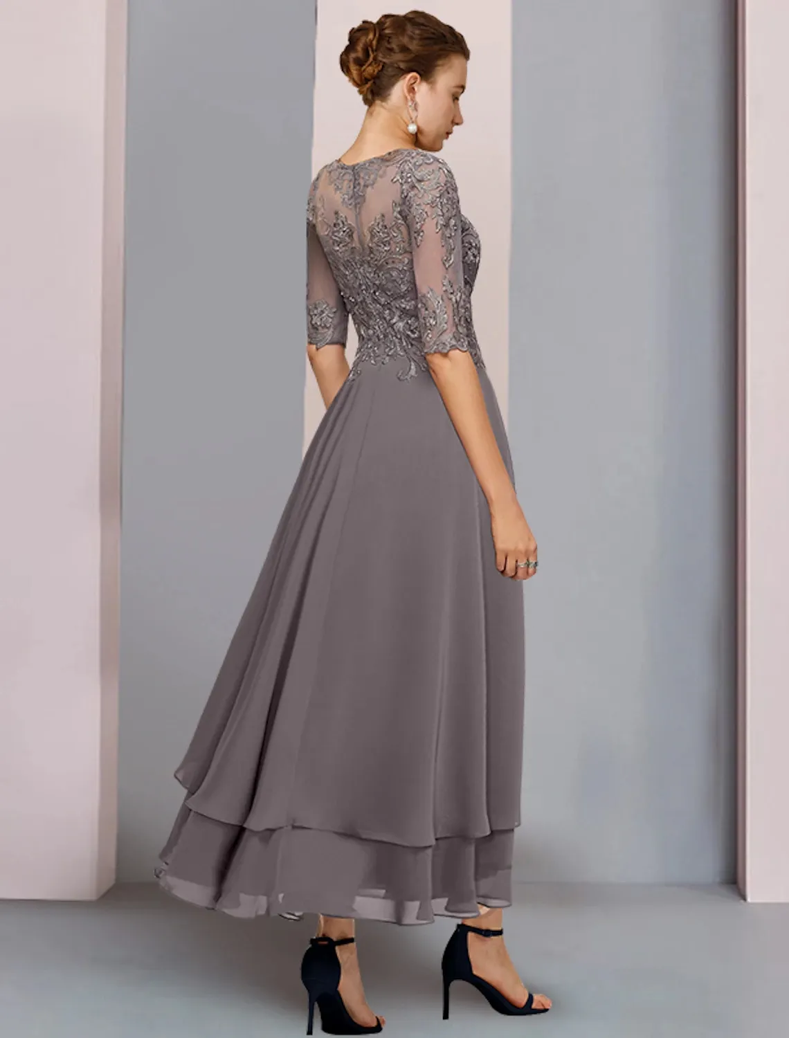 Gray High Low Mother of the Bride Dresses 2023 Scoop Asymmetrical Tea Length Chiffon Lace Half Sleeve Tier Wedding Guest Party Gowns