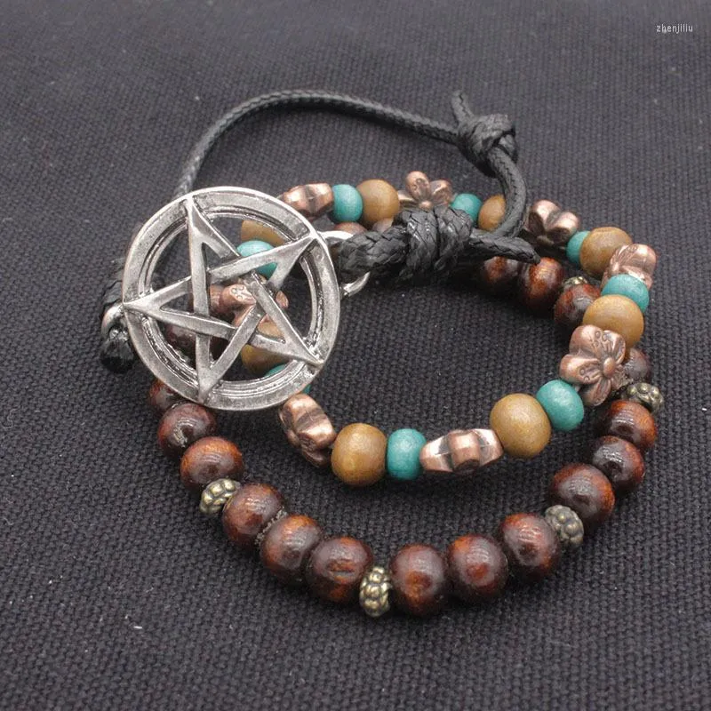 Strand Retro Style Beads de madera Pentagrama simple Pulsera de tres cuerdas Hombres y mujeres con cuentas