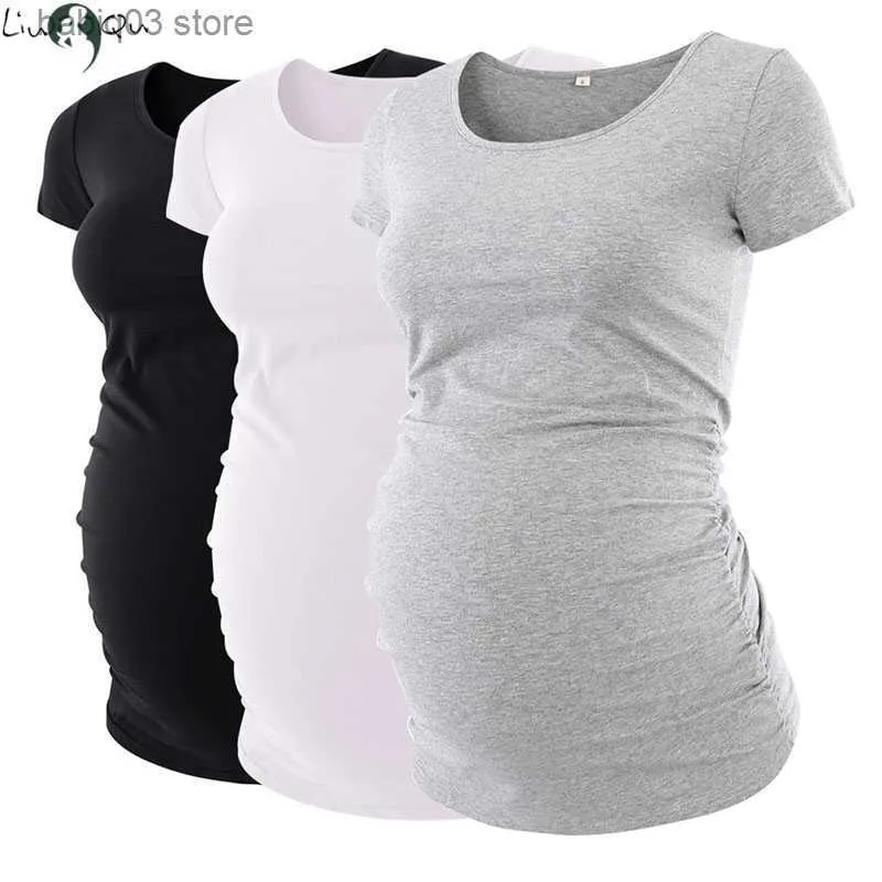 Tops de maternité Tees Tees de maternité Vêtements Ropa Embarazada Shirt O Neck Tops T-shirt de grossesse Casual Flatter Side Ruching Maternité Pull T230523