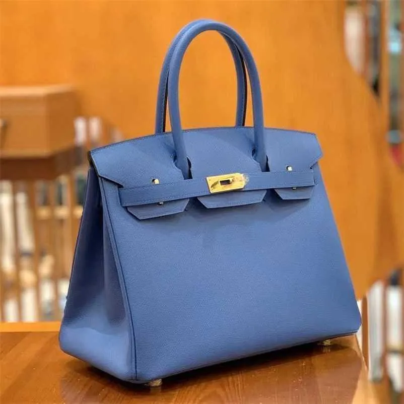 Bag Tote Fully Hand-stitched Platinum 30epsom Palm Cow Leather Fashion Portable Women's Luxury Love Navy