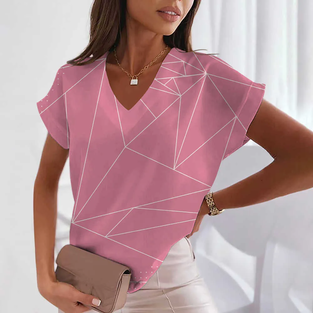 T-Shirt Geometric V-neck Stripe Short Sleeve Casual Street Clothing New T-shirt Fashion Y2k Top Women's Dress P230523