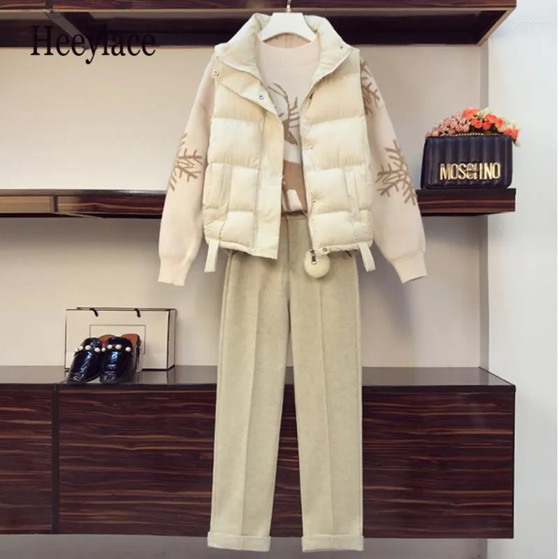 Women's Two Piece Pants Winter Thicken Warm Tracksuit Women Christmas Sweater Top Parkas Vest And Woolen Pant Three Set Outfit