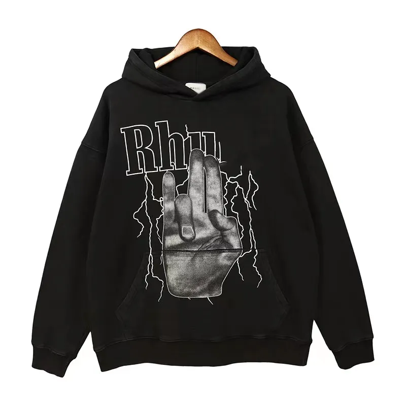 Heta försäljning hoodies mens designer hoodie rhude hooded tröja mörk high gata finger blixt graffiti handdrawn coat varm mode lös huvtröja